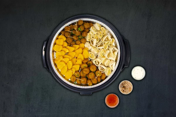 Partypan mix met pasta en vlees