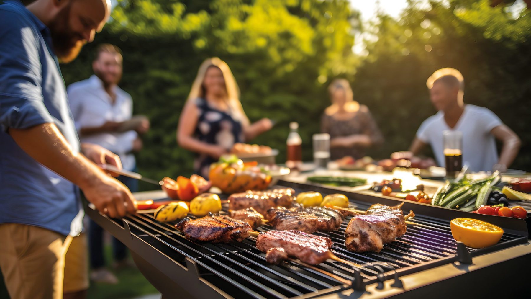 Gezellige buiten BBQ catering met gasten